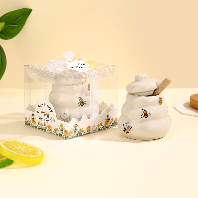 12 Sets Ceramic Bee-Happy Honey Pot with Dipper，Honey Jar Serving Set with Exquisiting Package for Wedding Favor,Bridal Shower Favor, Baby Shower Favor，Party Favor (12)