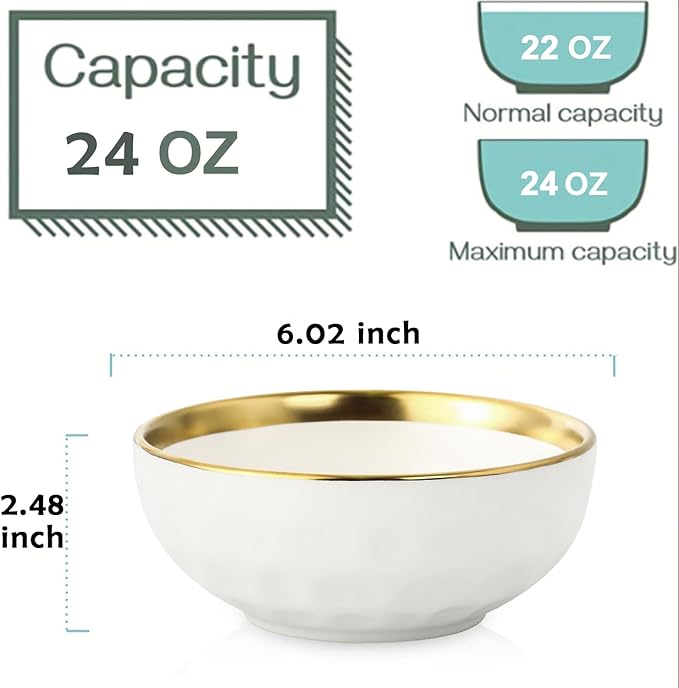 vicrays Ceramic Salad Bowls Set for Kitchen, Serving - 24 Ounce Soup Bowls, Pasta Bowls, Chip Resistant, Dishwasher Safe, NOT Microwave Safe, Fluted, Stoneware, Set of 6 (White with Golden)