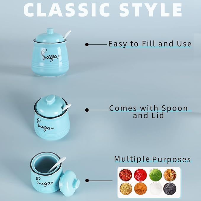 HAOTOP Farmhouse Porcelain Sugar Bowl with Lid and Spoon 12oz,Easy to Clean (Turquoise)