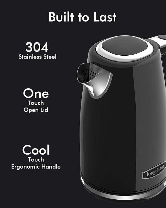Electric Kettles 1500W for Boiling Water, Longdeem Retro 1.7L Stainless Steel Hot Water Boiler with Automatic Shut Off & Boil Dry Protection, Black