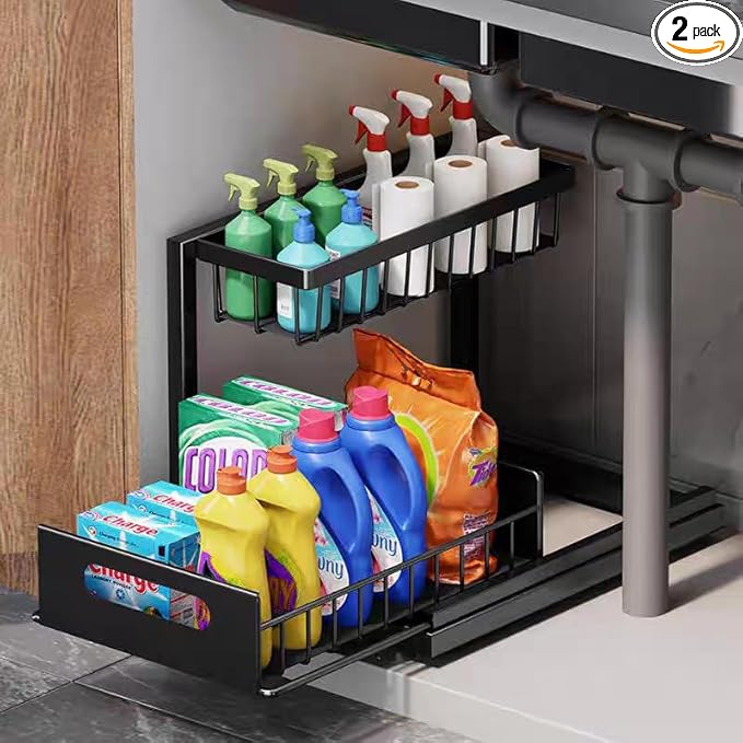 2 Tier Under Sink Organizer, Storage for Kitchen Bathroom,Pull Out Cabinet Organizer Slide Out Sink Shelf Cabinet Storage Shelves (Black, 1 Pack)
