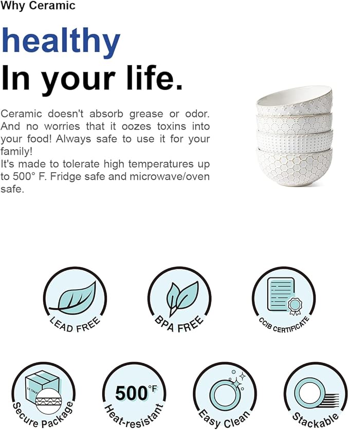 LE TAUCI Cereal bowls 26 oz, Ceramic Soup Bowl for Kitchen, Embossment Stoneware Bowl for Pho, Chip, Fruits, Salad, Noodle, Ramen, Suit For Housewarming - 6 Inch, Set of 4, Arctic white