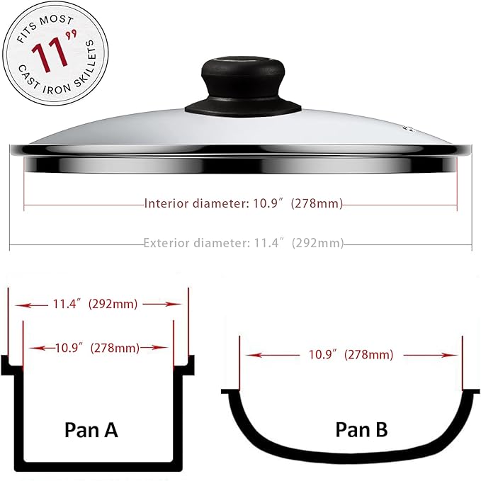 11 Inch Pan Lid Tempered Glass Pot Lid Replacement Glass Cover for 11" Cast Iron Skillets, Frying Pans, Pots and Wok, Heat Resistant Handle