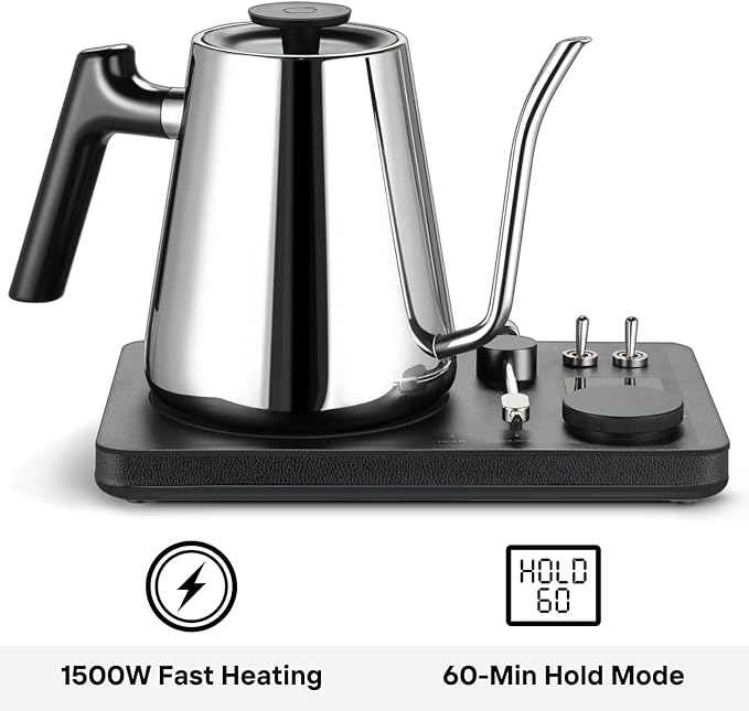 DJ Electric Gooseneck Kettle for Pour Over Coffee & Tea - Water Boiler - Turntable Design - Quick Heating & Temperature Control - Stainless Steel