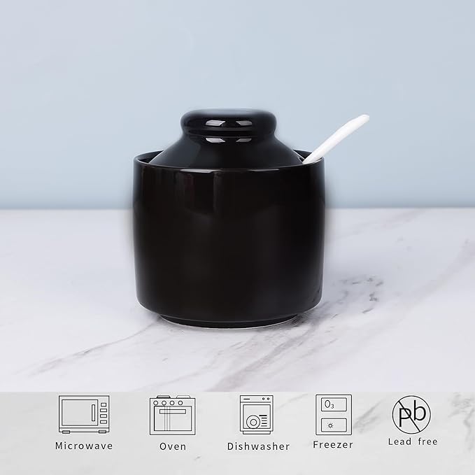 HAOTOP 8 oz Sugar Bowl with Lid and Spoon,Ceramic Sugar Jar Sugar Dispenser Sugar Container Coffee Bar Accessories, Kitchen Countertop Canisters (Black)