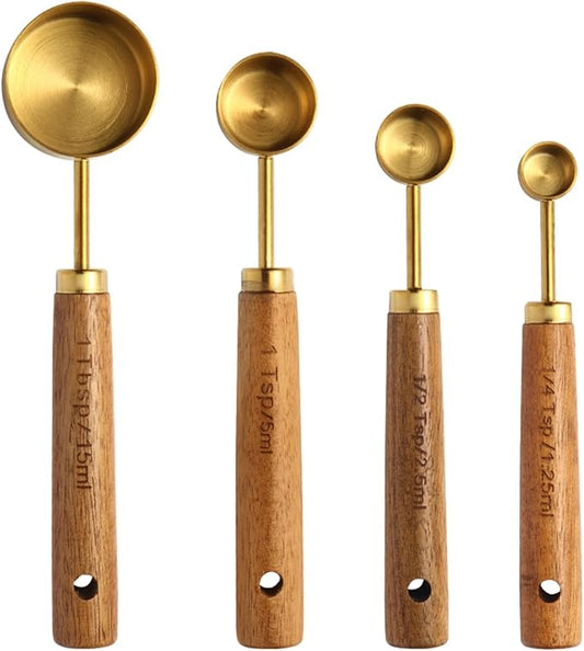 Gold Measuring Cups and Spoons Set of 4, Golden Stainless Steel Measuring Cups with Wooden Handles brass Measuring Spoons Set for Baking Supplies