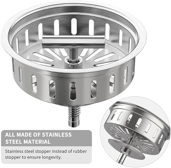 KONE Kitchen Sink Drain Sink Strainer 3-1/2 Inch Drain Assembly Kit Replacement for Universal 3.5 Inch Kitchen Sink, All Stainless Steel Body with Strainer Basket and Drain Stopper (Stainless)