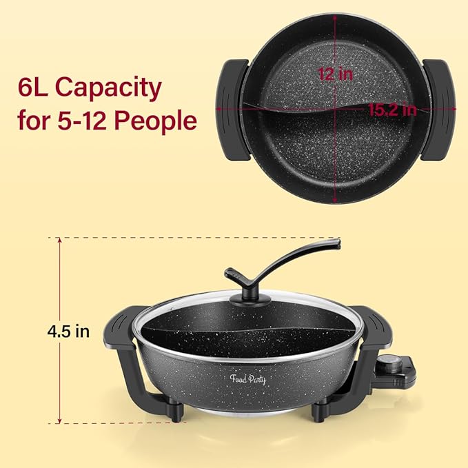 Food Party Electric Hot Pot with Divider Hotpot Pot Electric Hopot Cooker Shabu Shabu Pot 110V 1200W Non-Stick 6-Quart BPA FREE Fondue Chinese Hot Pot