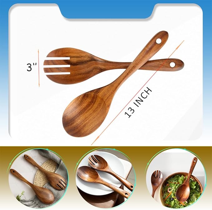 13-Inch Teak Wood Salad Serving Fork Pack of 2, Large Wood Salad Forks for Cooking, Mixing & Stirring, Large Serving Forks,Teak Wooden Salad Fork Set