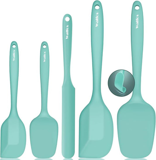 Walfos Silicone Spatula - 600°F High Heat Resistant Kitchen Spoon Spatulas（set of 5), Strong Steel Core and One-Pieces Design, For Cooking Mixing & Baking - BPA Free and Dishwasher Safe (Teal/Aqua)