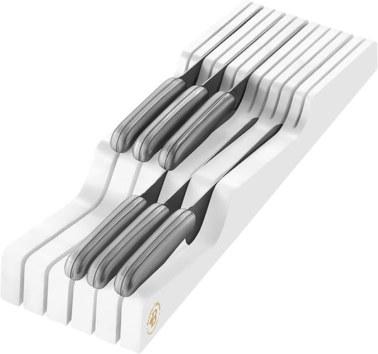 In-Drawer Knife Block Organizer - Bamboo Wood Drawer Knife Organizer - Holds 5 Long + 6 Short Knives (Not Included) - Store Knives with Blades Pointing Down