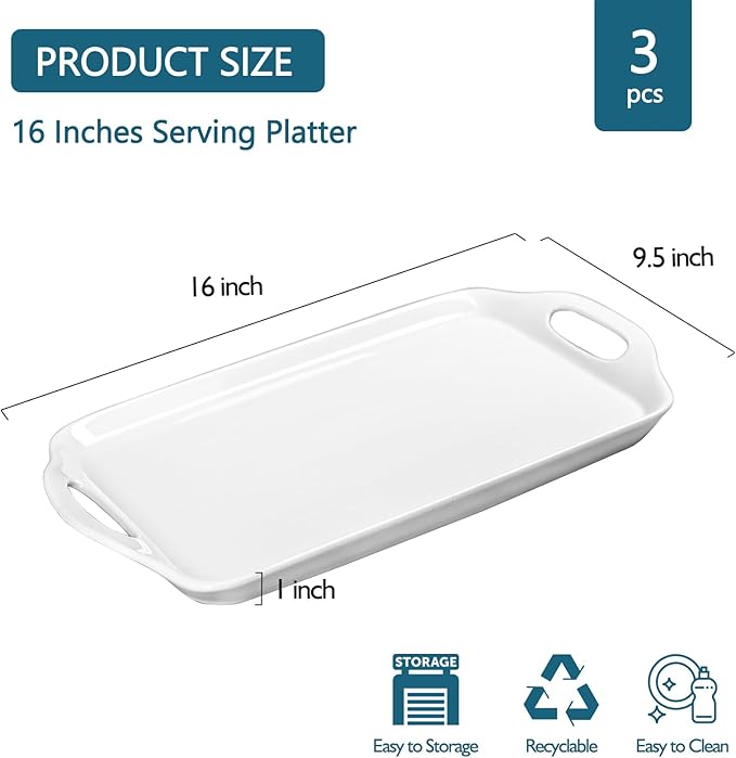 Serving Tray with Handles, 16"x 9.5" Large Serving Platter, White Porcelain Platters for Serving Food, Serving Platters and Trays for Parties, Entertaining, Dessert, Fruit, Turkey, 3-Pack, Rectangle