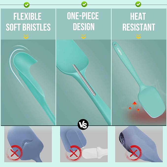 Walfos Silicone Spatula - 600°F High Heat Resistant Kitchen Spoon Spatulas（set of 5), Strong Steel Core and One-Pieces Design, For Cooking Mixing & Baking - BPA Free and Dishwasher Safe (Teal/Aqua)