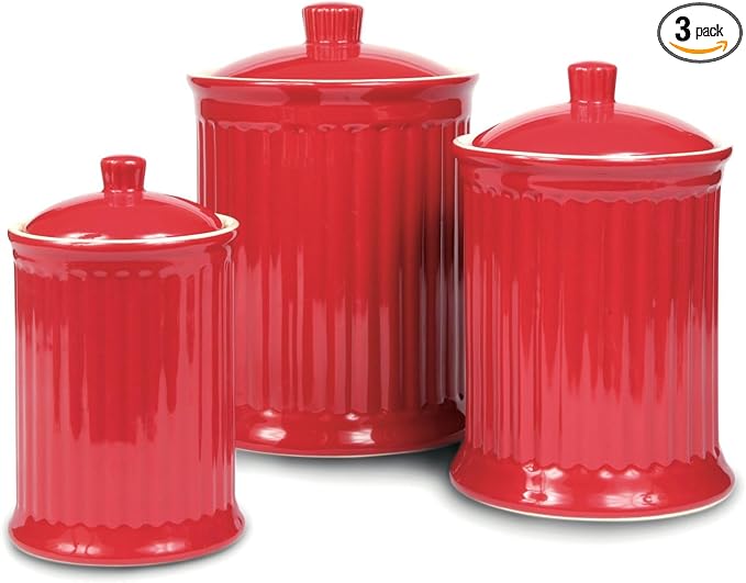Omniware Simsbury 3-Piece Canister Set - Stoneware Kitchen Storage with Silicone-Sealed Lids, Lead-Free Glaze & Dishwasher Safe - Rustic Farmhouse-Style Flour & Sugar Containers (Red)