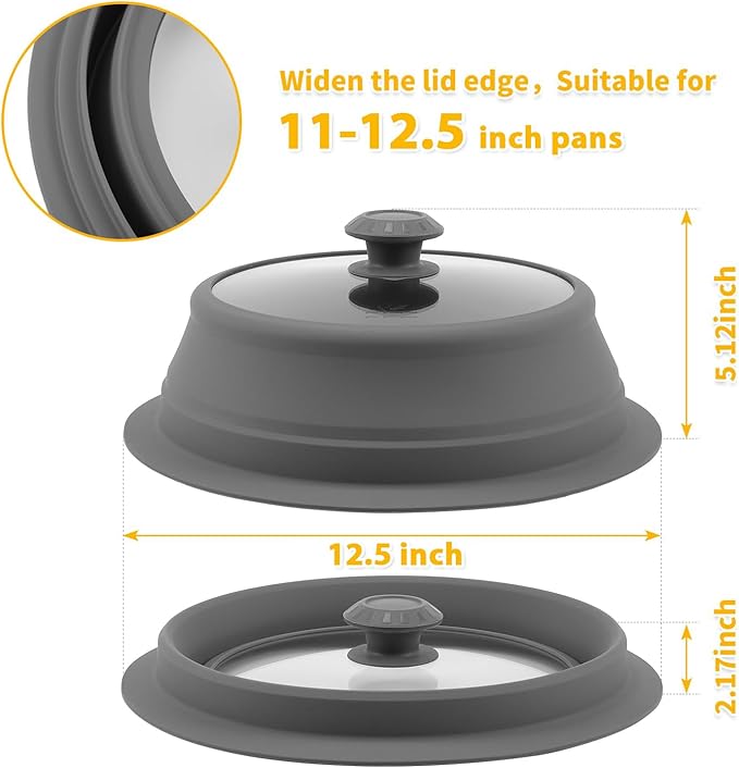 Collapsible Microwave Splatter Lid with Vented Tempered Glass Cover Wok Lid for Microwave Safe, Stockpot Steamer Pot Pan 11-12.5 inch Universal Multifunction Silicone Cover