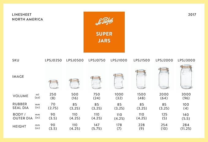 Le Parfait Super Jar, Canning Jars, 250mL French Glass Canning Jar w/Round Body, Glass Jars w/Airtight Lid, Canning Jars Wide Mouth, Glass Jar w/Lid, Clear Jars, Clear Glass Jars (8oz/Half Pint, 4 pk)