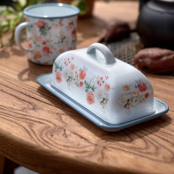 Enamel Butter Dish with Lid Vintage Enamelware Butter Holder with Flower Design Farmhouse Butter Container Butter Storage with Tray for Countertop Kitchen Decor
