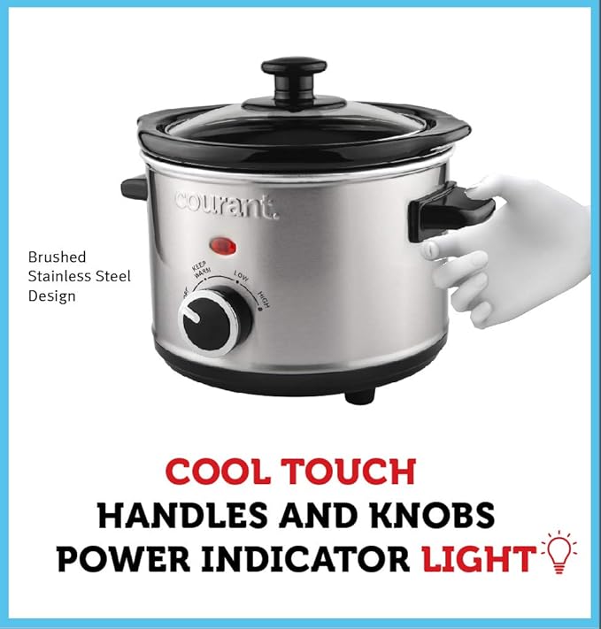 Courant Small Slow Cooker 1.6 QT, 3 Heat Settings, Removable Ceramic Pot" Easy Clean, Dishwasher Safe, Mini Slow Cooker, Stainless Steel