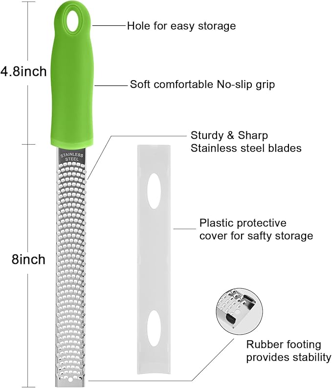 Lemon Zester, Stainless Steel Kitchen Cheese Grater, Plastic Cover Ergonomic Soft Green Handle