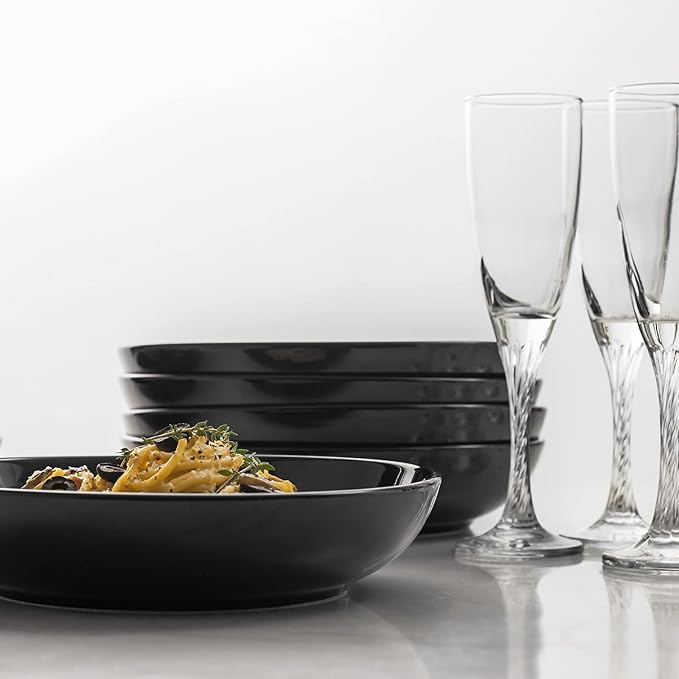 Y YHY Pasta Bowls 30oz, Large Salad Serving Bowls, Shallow Soup Bowls, Porcelain Pasta Bowls Set of 6, Microwave Dishwasher Safe, Black