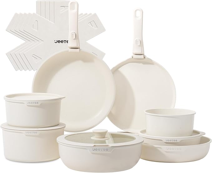 JEETEE Pots and Pans Set Non Stick 19 Pcs, Cookware Set Detachable Handle, RV Kitchen Cooking Set Removable Handles, Stackable Non-stick Set, Oven Safe, Beige