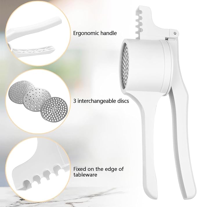 Potato Ricer and Masher with 3 Interchangeable Discs, Stainless Steel Discs, Large Capacity Potato Masher Kitchen Tool Labor-saving Handle Great for Baby Food and juices