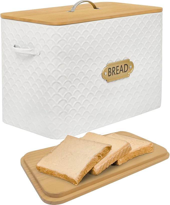 Extra Large Space Saving Farmhouse Bread Box With Wood Lid - Holds 2 Loaves - Vertical Breadbox Bread Storage Bin Holder for Kitchen Countertop, White
