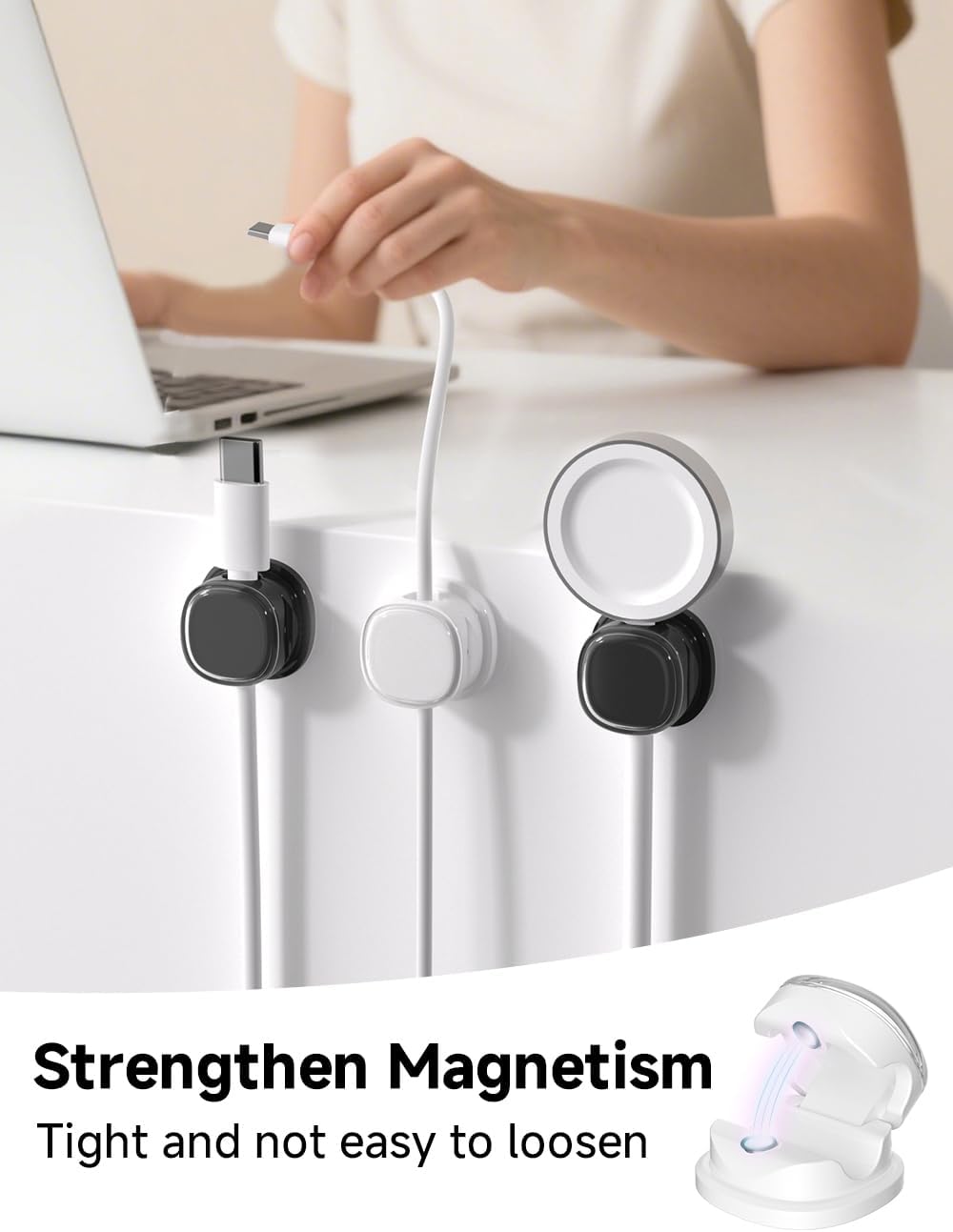 Magnetic Cable Clips, Adjustable Cord Holder Management, Adhesive Wire Keeper Organizer for Home Office Desk Phone PC Car Wall Desktop Nightstand Appliance (9-PCS White & Black)