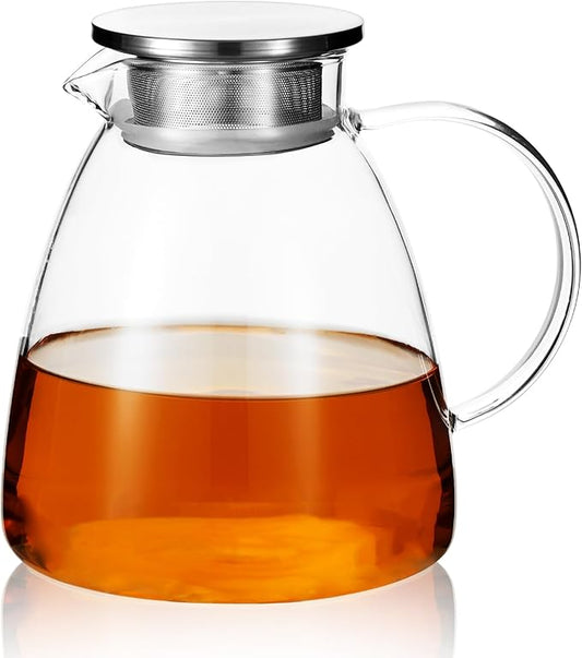 68OZ/2000ML One Touch Glass Teapot with Stainless Steel Filter Lid, Stovetop & Microwave Safe Tea Maker Water Kettle, Strainer & Cover 2 in 1 Loose Leaf Tea Steeper Pot Coffee Carafe