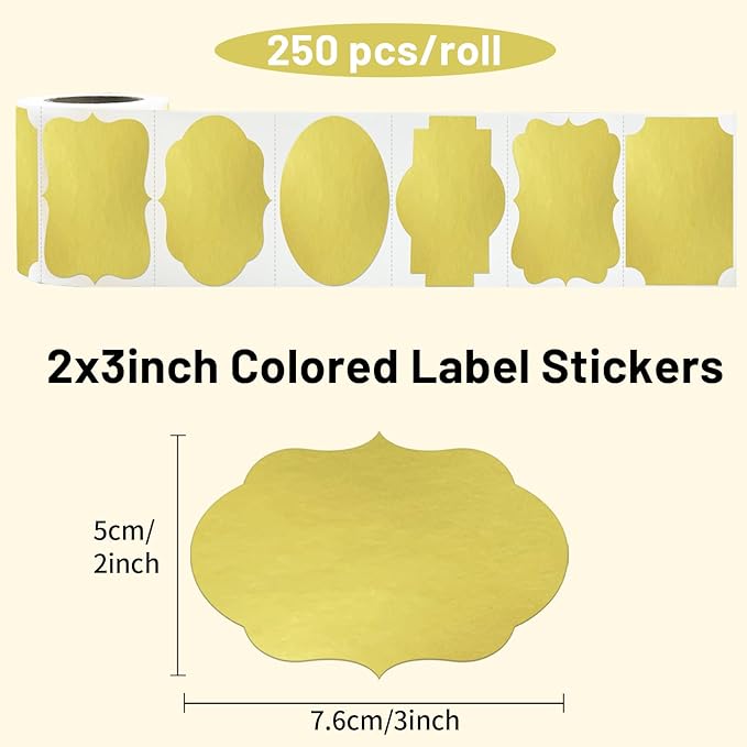 Gold Labels - 250 PCS 3" x 2" Fancy Shape Stickers for Storage Box or Food Jars