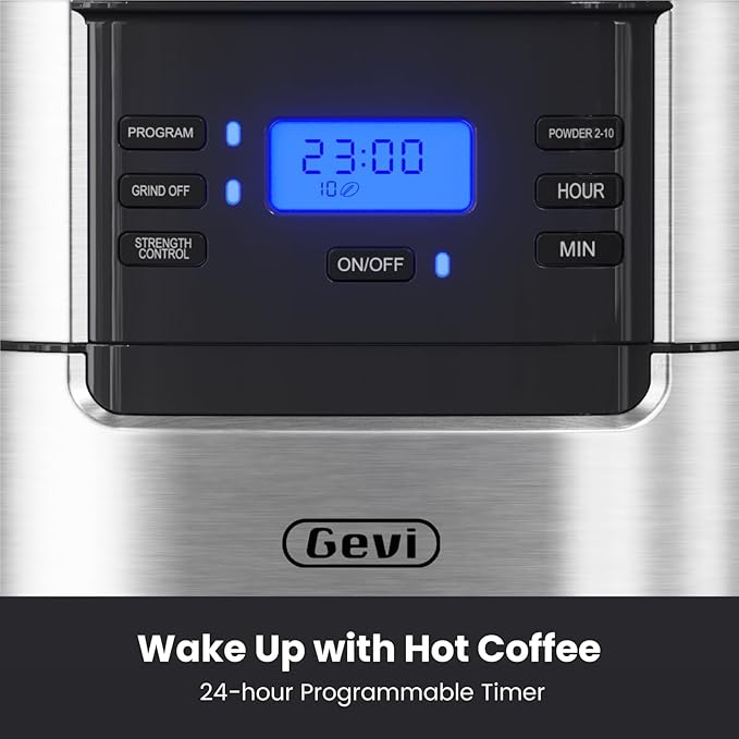 Gevi 10-Cup Coffee Maker with Built-in Burr Grinder, Programmable Timer, 1.5L Water Tank, Reusable Filter & Warming Plate – Drip Coffee Machine for Fresh Ground Coffee