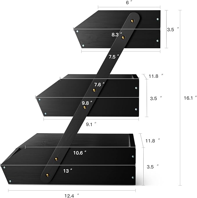 G.a HOMEFAVOR Large Bamboo Fruit Basket, 3 Tier Fruit Bowl for Kitchen Counter, Fruit Holder for Kitchen Countertop, Snack Fruit Vegetable Storage Basket Stand (BLACK)