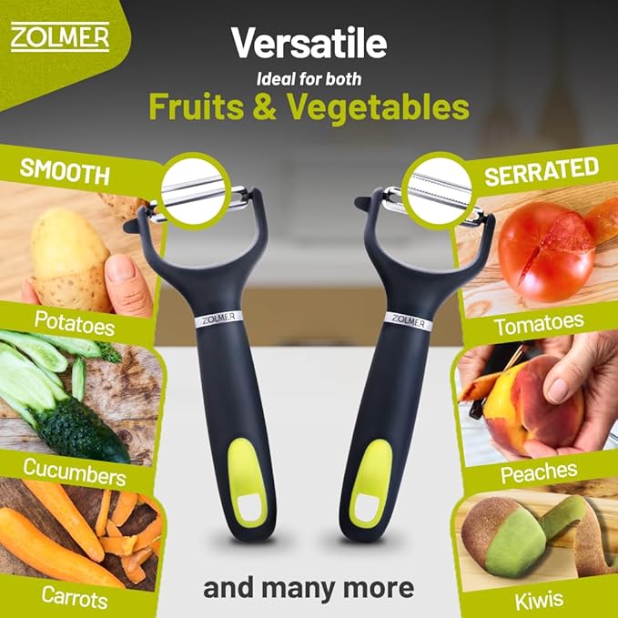 ZOLMER® Premium Y Peelers for kitchen with Smooth and Serrated Blades 2 Set - Extra Sharp Vegetable Peelers with Ergonomic Handle - Dishwasher Safe - Potato peelers, Fruit peeler and more