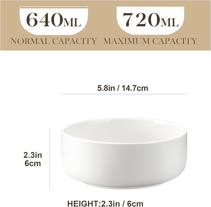 MALACASA 24 OZ Cereal Bowls, Porcelain Soup Oatmeal Bowls Set of 6, Kitchen Ceramic Serving Bowl, Dishwasher Microwave Oven Safe, White, Series LUNA