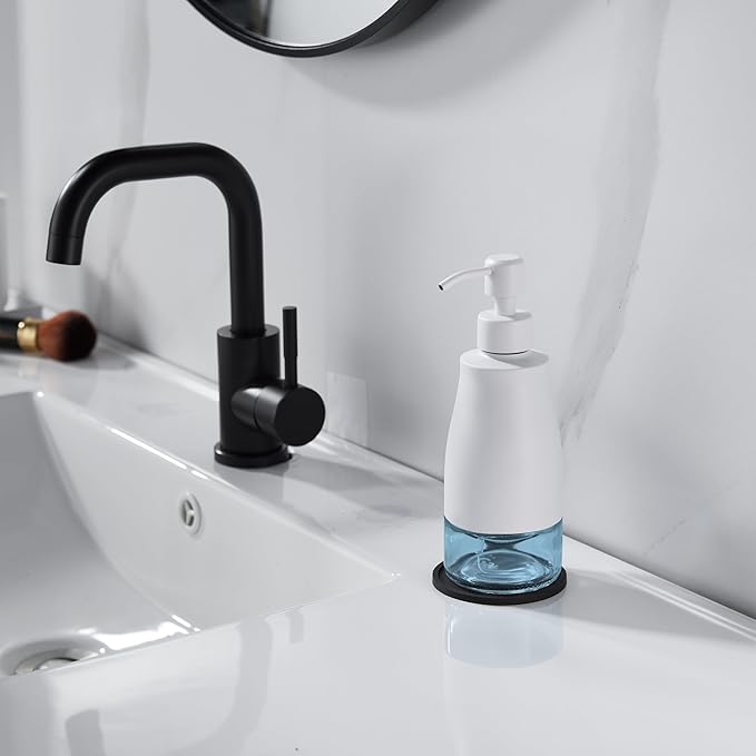 White Soap Dispenser with Coaster and Stickers, Stainless Steel and Glass Bottle Hand Pump Dispenser, Refillable Liquid Hand Soap Dispenser for Bathroom & Kitchen (11OZ / 320ML)