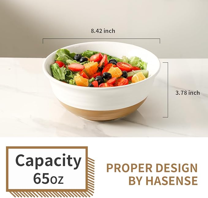 Hasense Ceramic Serving Bowls Set, 60 oz Deep Salad Bowls for Kitchen, 8.5 Inch White Serving Dishes for Christmas Entertaining, Ideal for Soup, Pasta, Side Dishes, Dishwasher Microwave Safe