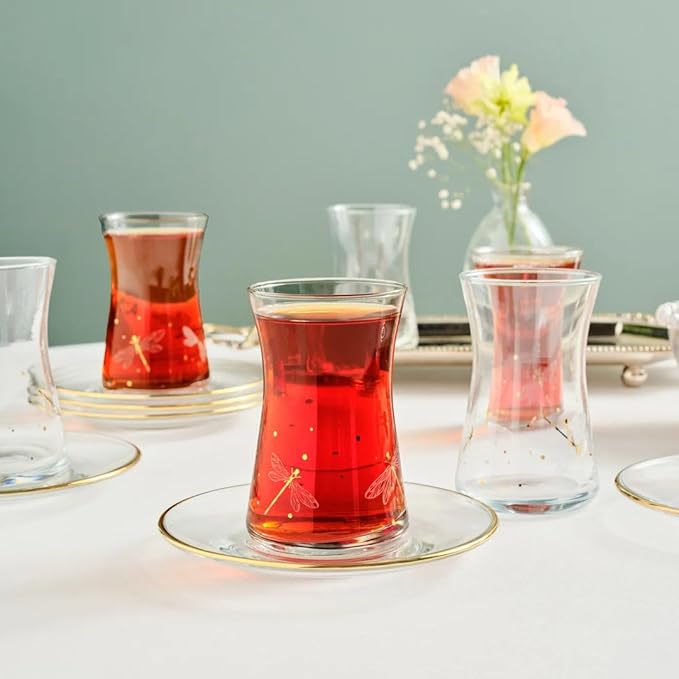 KARACA Yusufcuk Glass Elegant Tea Glass Set of 6 - (12 Piece) Clear Turkish Tea Cup Glasses and Saucers, 5.74 oz Curved Design Drinkware Cups