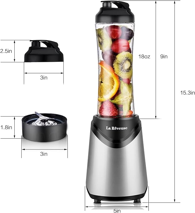 La Reveuse Smoothies Blender Personal Size 300 Watts with 18 oz BPA-Free Portable Travel Sports Bottle, Silver