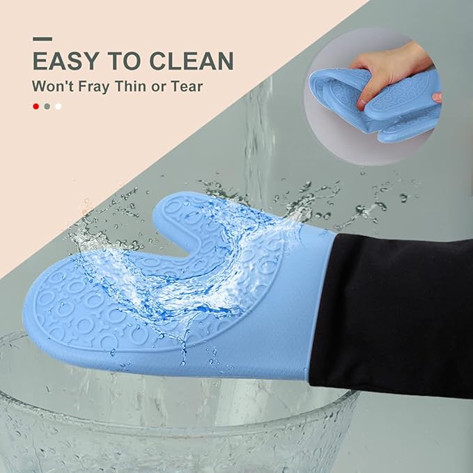 sungwoo Extra Long Silicone Oven Mitts, Heat Resistant Oven Gloves with Quilted Liner Non-Slip Textured Grip Perfect for BBQ, Baking, Cooking and Grilling - 1 Pair 14.6 Inch Sky Blue & Black