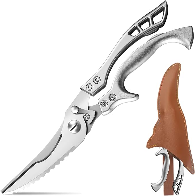 Poultry Shears Heavy Duty Professional, Multipurpose Kitchen Shears with Sheath, Spring-Loaded Stainless Steel Chef Scissors Cutting Bone, Chicken, Fish, Food, Meat, Full Steel Handle Silver