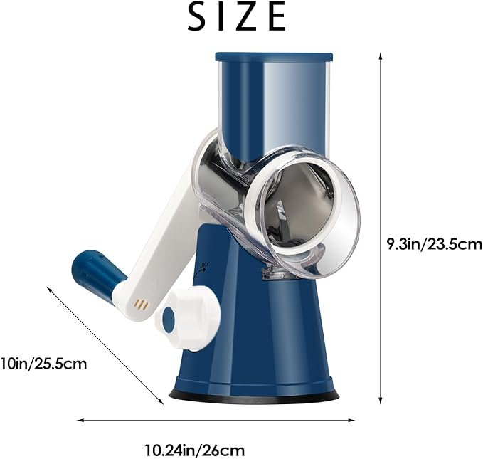 Ourokhome Rotary Cheese Grater Hand Crank, Kitchen Shredder Speed Mandolin Slicer Nut Grinder with Handle and Drum Blades for Cheese, Vegetable, Walnut, Chocolate, Potato, Carrot, 3 Blades, Dark Blue