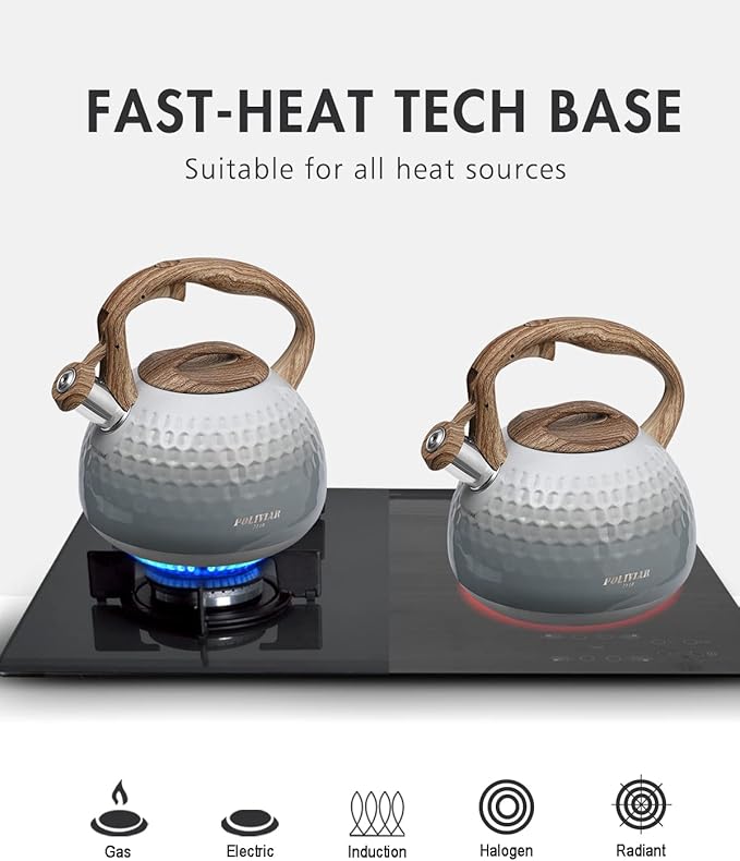 POLIVIAR Tea Kettle, Antique White Stovetop Tea Kettle 2.7 Quart, Audible Whistling Teapot, Food Grade Stainless Steel for Anti-Rust, Anti Hot Handle, Suitable for All Heat Sources (JX2020-YH30)