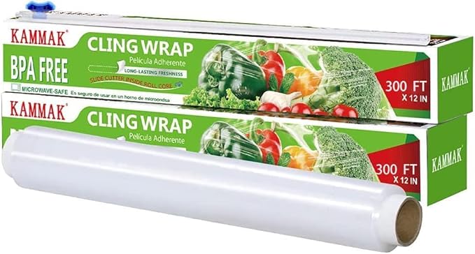 KAMMAK Plastic Wrap, Food Wrap with Slide Cutter, Cling Wrap 12 inch Food Service Clear Cling Film 2 Pack 300 Square FT Roll BPA-Free Microwave-Safe Kitchen Wrap Quick Cut Plastic Film