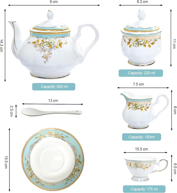 Bone China Tea Set, 21-Pieces Porcelain Tea Set for Adults, Tea Cups And Saucers for 6, with Teapot, Spoons, Sugar Bowl, Creamer Pitcher, Vintage Tea Set for Women Tea Party (Green)