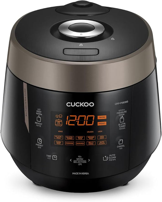 CUCKOO CRP-P0609S 6-Cup (Uncooked) / 12-Cup (Cooked) High Pressure Rice Cooker & Warmer with Nonstick Inner Pot, 12 Menu Options, Fuzzy Logic Tech, 3 Voice Guide, Auto Clean (Black/Copper)