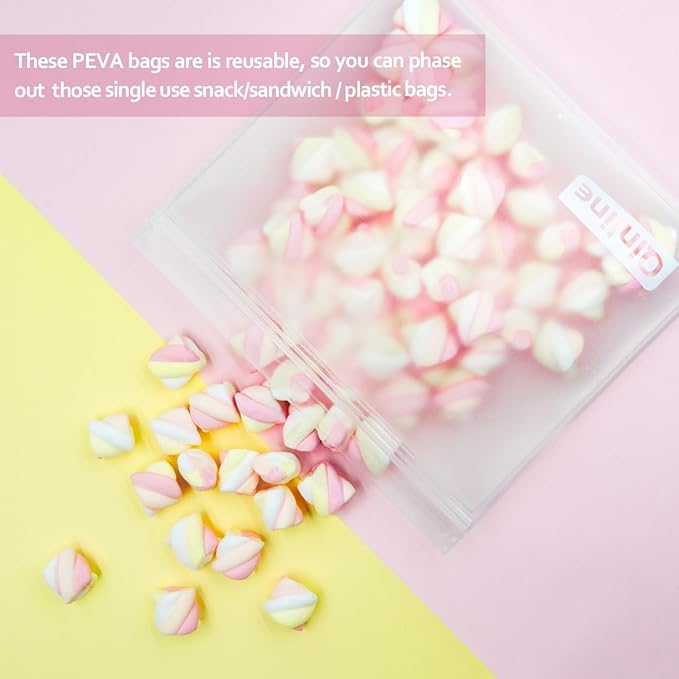 Reusable Food Storage Bags - 24 Pack Dishwasher Safe Freezer Bags, BPA Free Reusable Bags PEVA material, Leakproof Reusable Lunch Bag for Salad Fruit Travel - 8 Gallon 8 Sandwich 8 Snack Bags