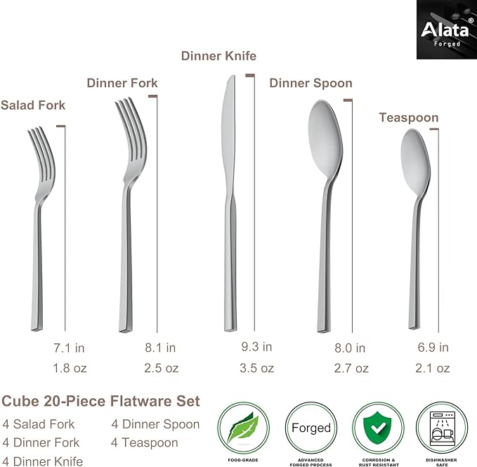 Alata Cube 20-Piece Forged Stainless Steel Flatware Set Cutlery Set,Silverware Set Service for 4,Mirror Finish,Dishwasher Safe