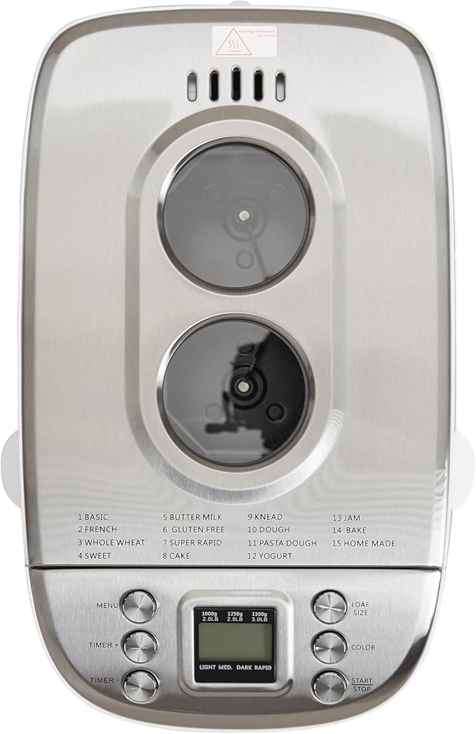 VEVOR Bread Maker, Dough Machine 15 Menus in 1, Non-Stick Ceramic Pan Automatic Breadmaker with Non-Gluten Setting, Whole Wheat Bread Making, Digital, Programmable, 3 Loaf Sizes, 3 Crust Colors, White