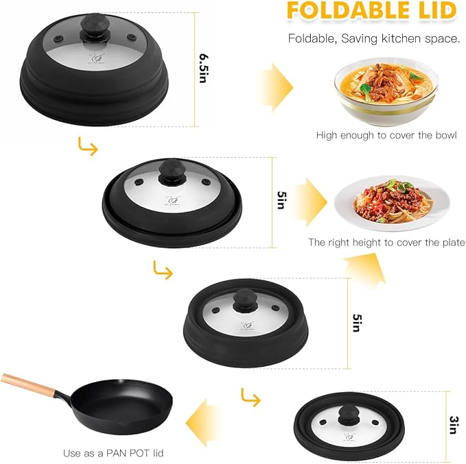 Microwave Splatter Cover Vented Glass Cover Splatter Guard Lid with Collapsible Silicone for Food as Pot Cover Plate Cover 10.8 inch for 6 7 8 9 10 inch Plate Bowl Black