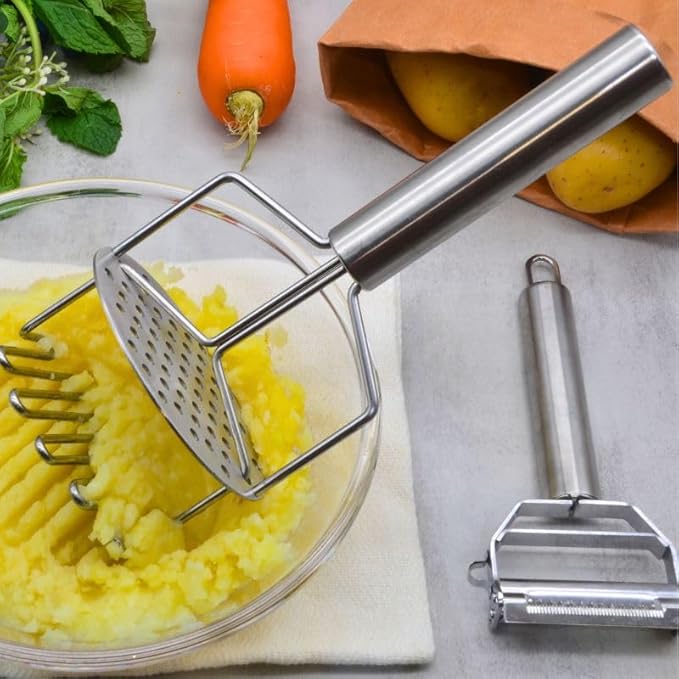 3-in-1 Multi-Peeler Stainless Steel Potato Masher Set,2-Piece Kitchen Tools for Peeler Vegetables,Carrots,Apple and Masher,Banans,Puree Making